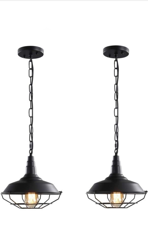 Industrial Cage Pendant Light Set – Black Metal Farmhouse Ceiling Fixtures (Set of 2)