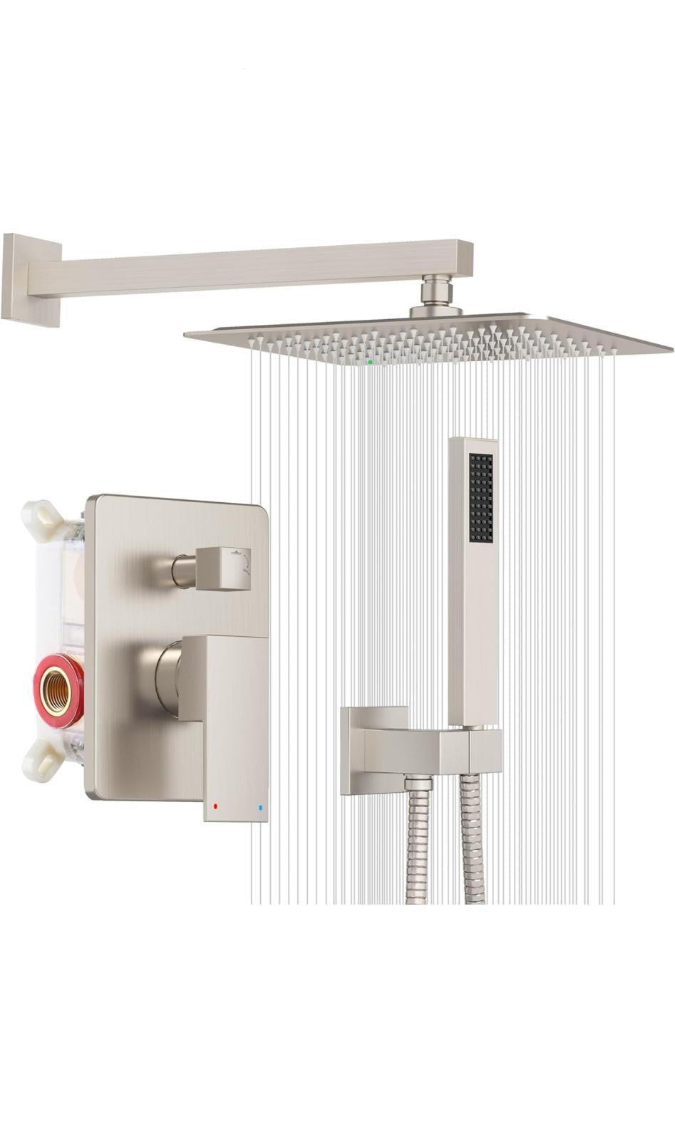 Brushed Nickel Rainfall Shower System with Handheld Wand – Wall-Mount Combo Set