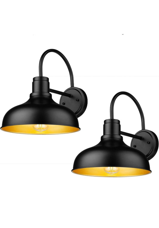 Industrial Farmhouse Wall Sconce Lights – Matte Black with Gold Interior (Set of 2)