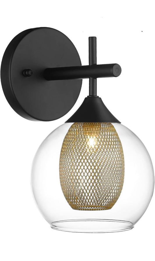 Modern Wall Sconce Light – Black & Gold Mesh with Glass Globe Shade (G9 Base, Hardwired)