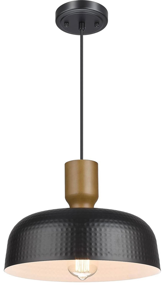 Modern Industrial Pendant Light with Hammered Metal Shade & Wood Grain Finish